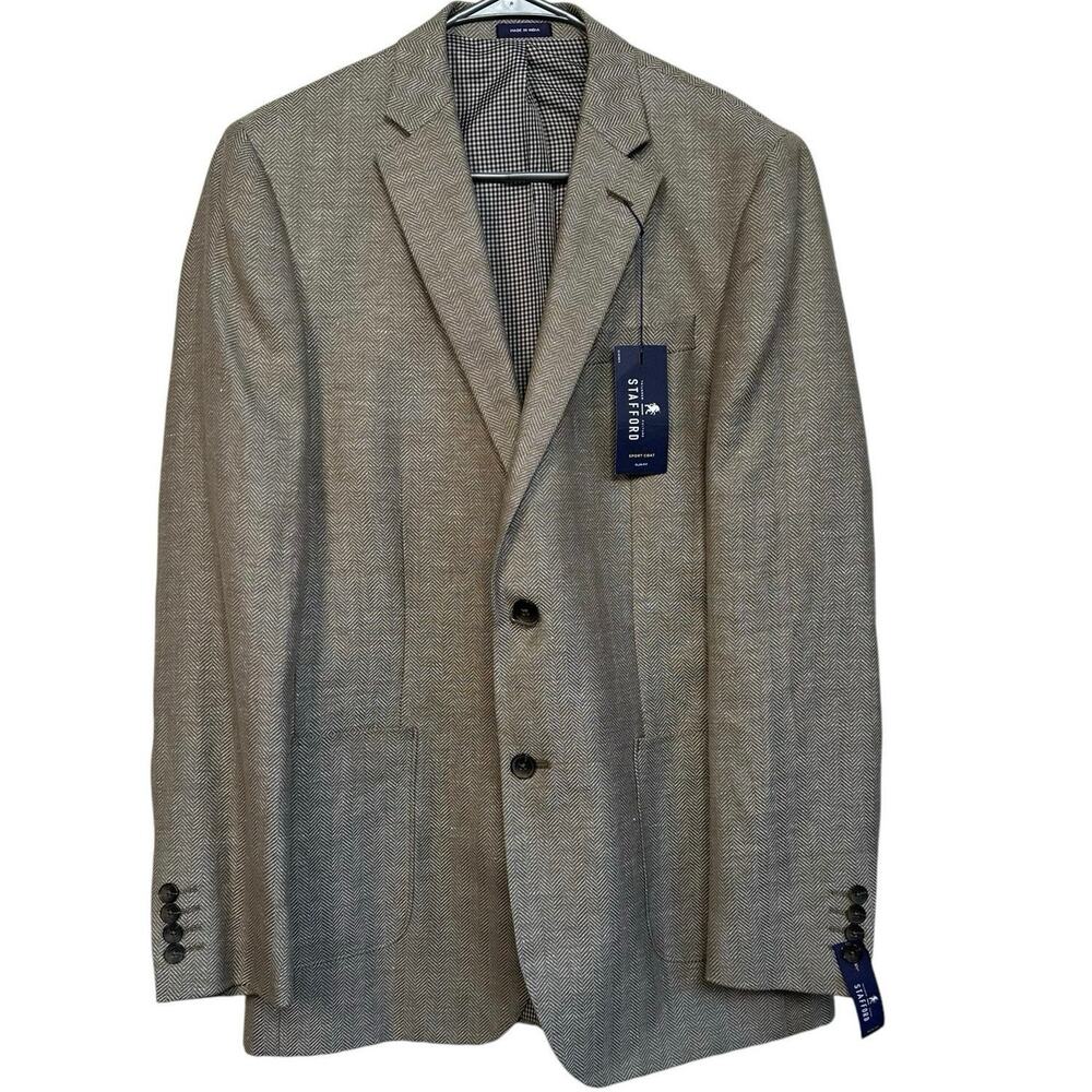 Stafford Men’s Taupe Herringbone Slim Fit Linen Wool Sports Coat Blazer Size 40L